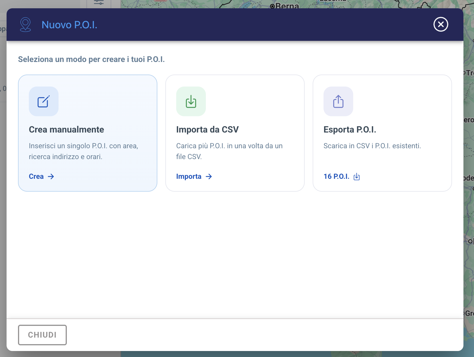Modale Nuovo P.O.I. con le tre opzioni: Crea manualmente, Importa da CSV, Esporta P.O.I.